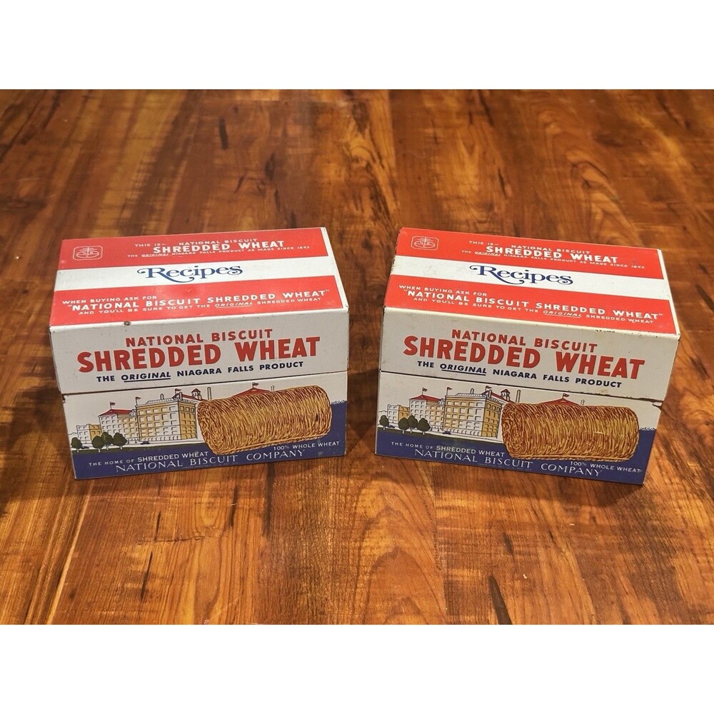 Lot of (2) Vintage 1973 Nabisco National Biscuit Shredded Wheat Metal Recipe Box